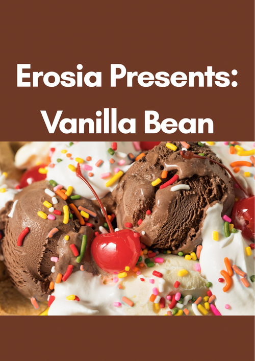 Ice cream sundae with chocolate ice cream, vanilla sauce, and colorful sprinkles on a brown background.